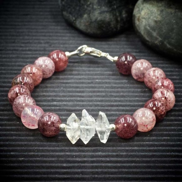 Strawberry Quartz and Herkimer Diamond Bracelet - Handmade to Order - Picture 1 of 2